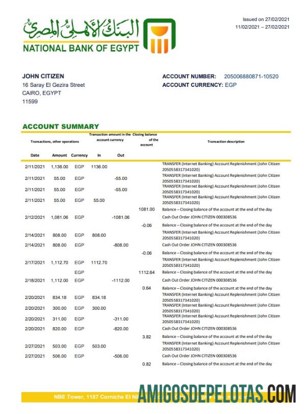 Extrato bancário do Banco Nacional do Egito para impressão, modelo fácil de preencher em formato Excel e PDF
